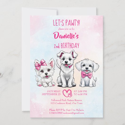 Laten we pawty wit roze schattige puppies verjaard kaart (Voorkant)