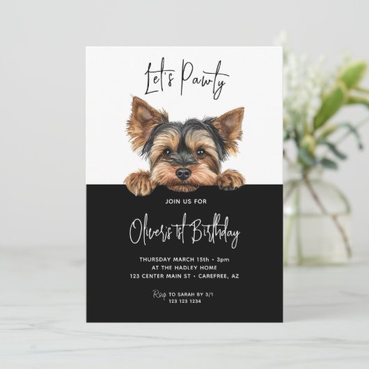Laten we Pawty Yorkshire Terrier 1e verjaardag Kaart (Staand voorkant)