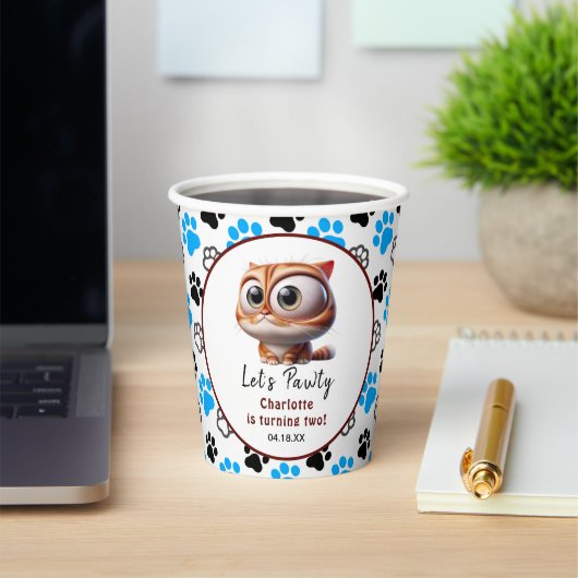 Laten we Pawty zijn! Schattige Cat 2e verjaardagsf Papieren Bekers (Insitu)