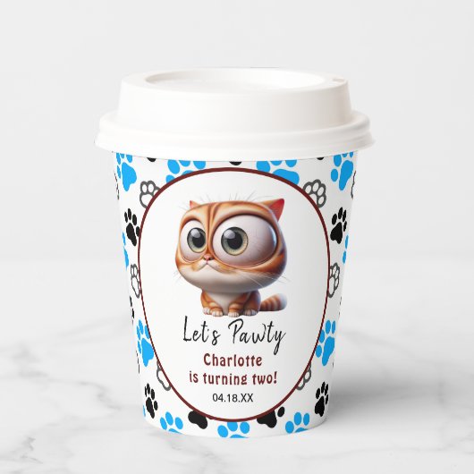 Laten we Pawty zijn! Schattige Cat 2e verjaardagsf Papieren Bekers (Voorkant)