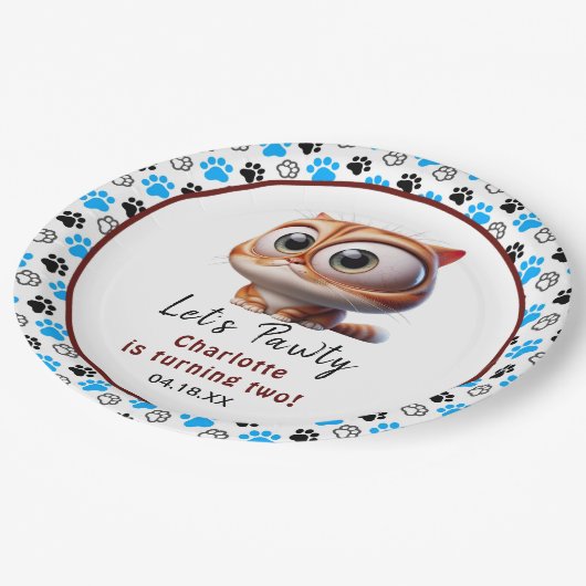 Laten we Pawty zijn! Schattige Cat 2e verjaardagsf Papieren Bordje (Gekanteld)