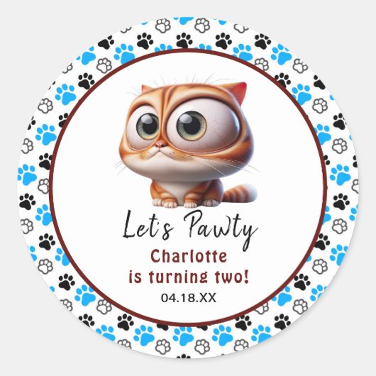 Laten we Pawty zijn! Schattige Cat 2e verjaardagsf Ronde Sticker (Voorkant)