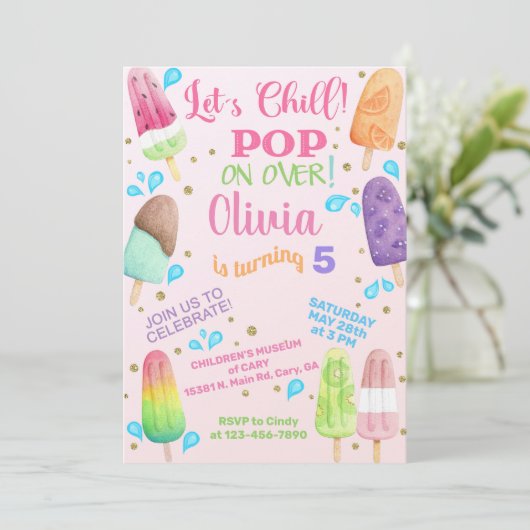 Laten we popsicles verjaardagsfeest uitnodigen. kaart (Staand voorkant)