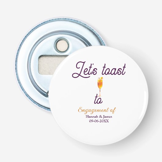 Laten we proosten op verlovingsfeest naam datum gl button flesopener (Voorkant)