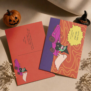 Laten we rijden, Heksen! Schattig spook en heks Ha Briefkaart