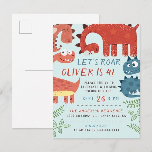 Laten we Roar Dino Children's Birthday Party Uitnodiging Briefkaart (Voorkant / Achterkant)