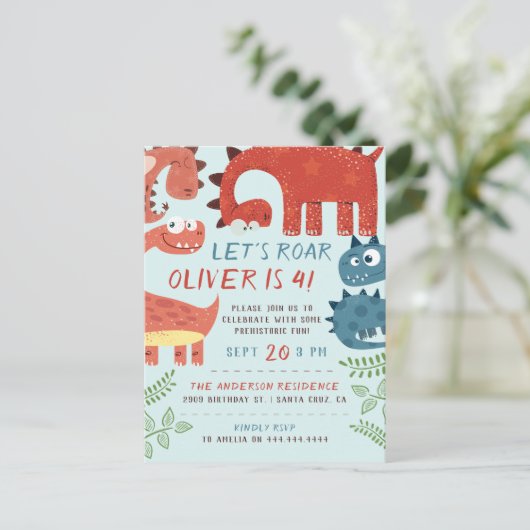Laten we Roar Dino Children's Birthday Party Uitnodiging Briefkaart (Staand voorkant)