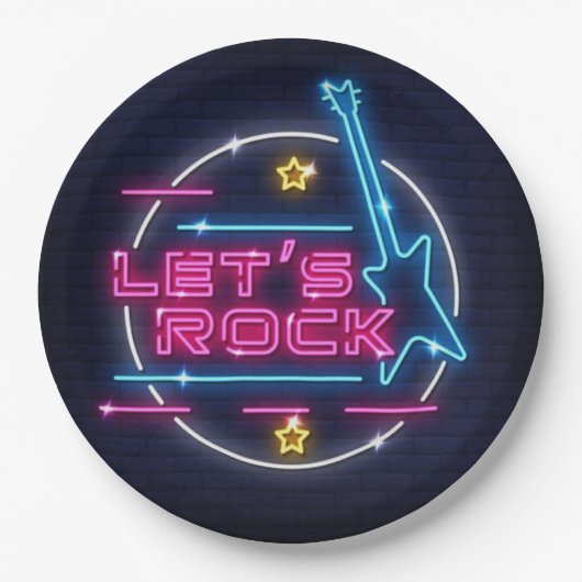 Laten we Rock Retro Neon Papieren Bordje (Voorkant)