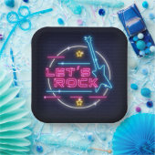 Laten we Rock Retro Neon Square Papieren Bordje (Feest)