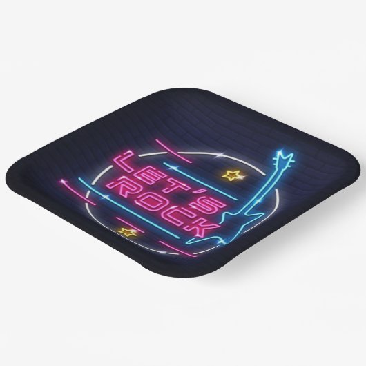 Laten we Rock Retro Neon Square Papieren Bordje (Gebogen)