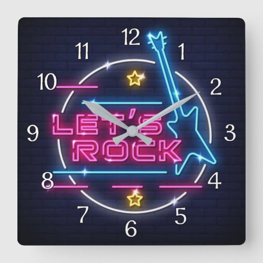 Laten we Rock Retro Neon Vierkante Klok (Voorkant)