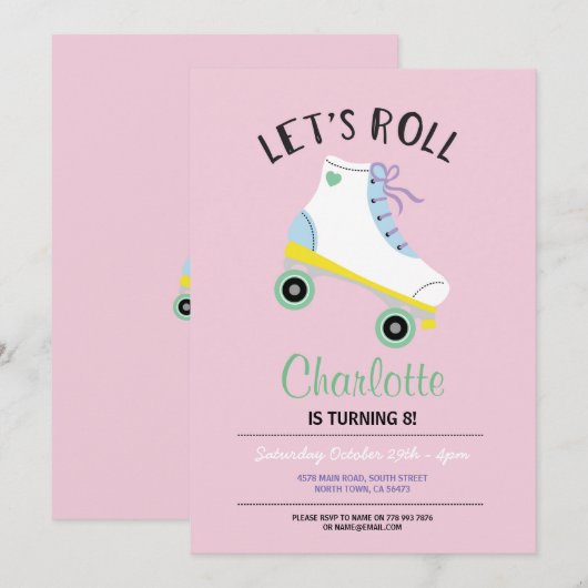 Laten we Roll Roller Schaats Girls Pink Party uitn Kaart (Voorkant / Achterkant)