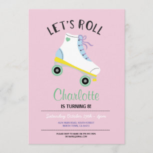 Laten we Roll Roller Schaats Girls Pink Party uitn Kaart