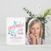 Laten we Roll Roller Skating Girl Birthday Foto Kaart (Staand voorkant)