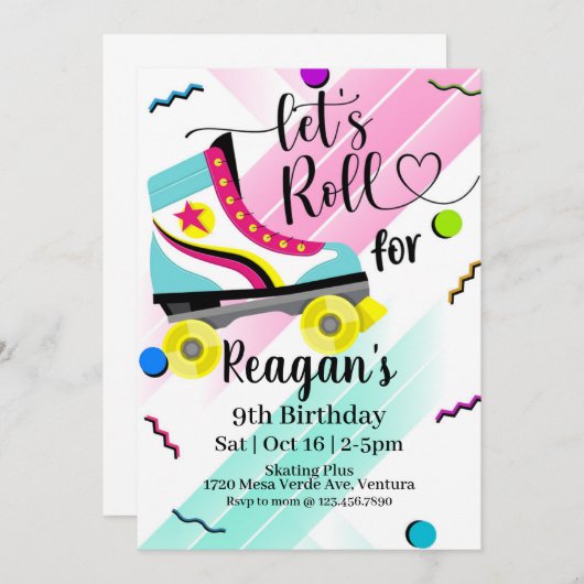Laten we Roll, Roller Skating Invitation, 80's rol Kaart (Voorkant / Achterkant)