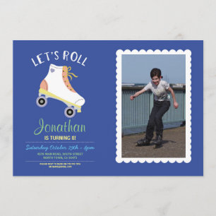 Laten we Roll Rollerskate Blue Birthday Party Foto Kaart