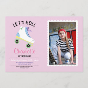 Laten we Roll Rollerskate Pink Birthday Party Foto Kaart