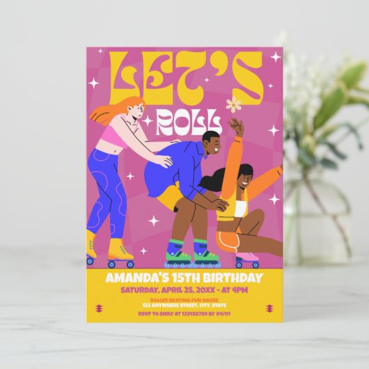 Laten we Roll Schaats Retro Verjaardagsfeestje Kaart (Staand voorkant)