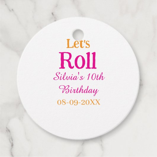 Laten we rollen gelukkige 10e verjaardag naam toev bedankjes labels (Voorkant)