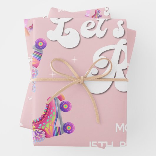 Laten we rollen retro roller schaats verjaardagsfe inpakpapier vel (In situ)