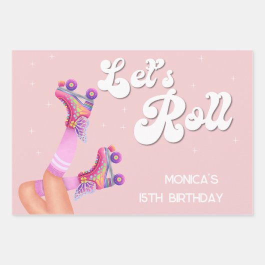 Laten we rollen retro roller schaats verjaardagsfe inpakpapier vel (Voorkant)
