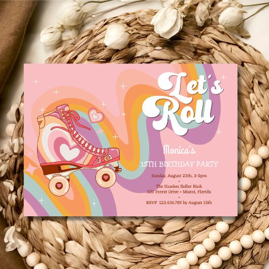 Laten we rollen retro roller schaats verjaardagsfe kaart