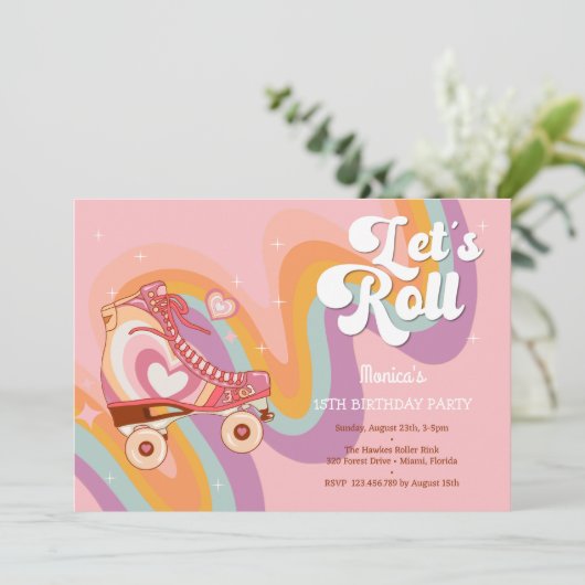 Laten we rollen retro roller schaats verjaardagsfe kaart (Staand voorkant)