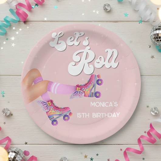 Laten we rollen retro roller schaats verjaardagsfe papieren bordje