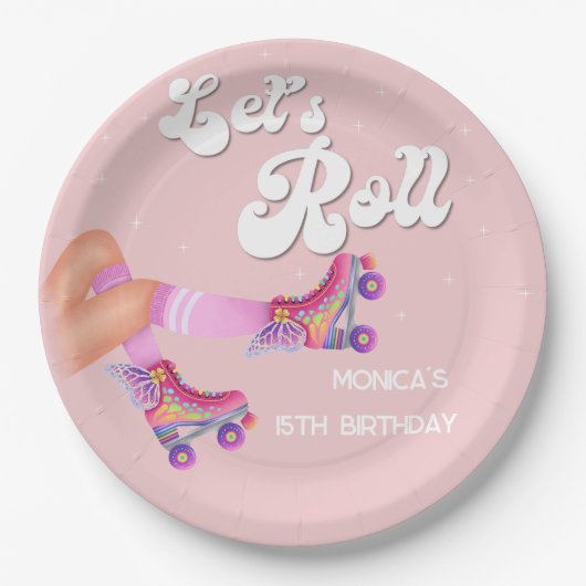 Laten we rollen retro roller schaats verjaardagsfe papieren bordje (Voorkant)