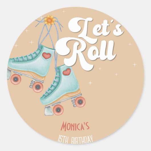 Laten we rollen retro roller schaats verjaardagsfe ronde sticker (Voorkant)