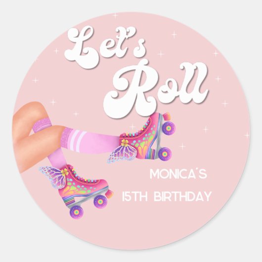 Laten we rollen retro roller schaats verjaardagsfe ronde sticker (Voorkant)