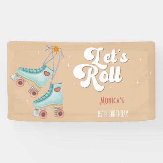 Laten we rollen retro roller schaats verjaardagsfe spandoek (Horizontaal)
