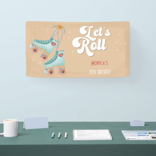Laten we rollen retro roller schaats verjaardagsfe spandoek (Beurs)