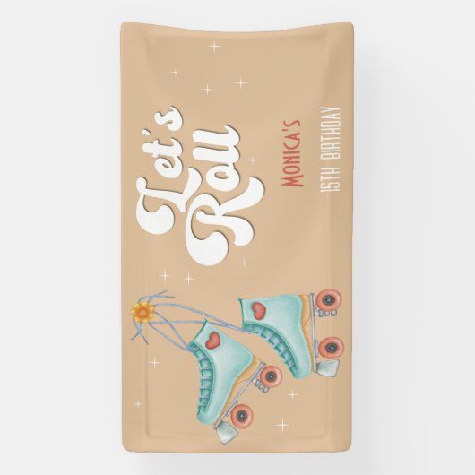 Laten we rollen retro roller schaats verjaardagsfe spandoek (Verticaal)