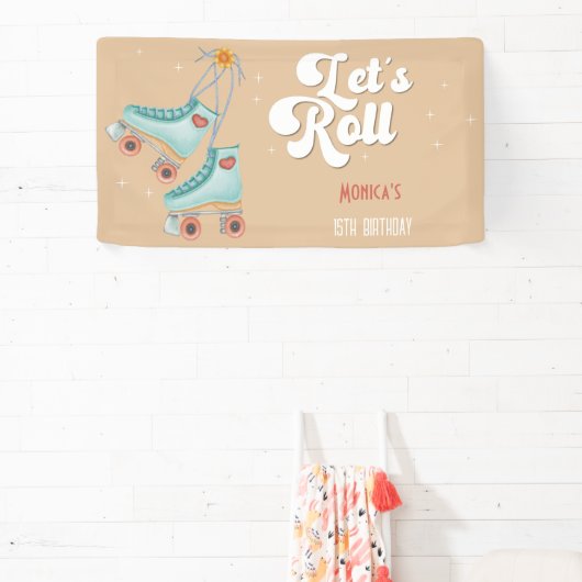 Laten we rollen retro roller schaats verjaardagsfe spandoek (Insitu)
