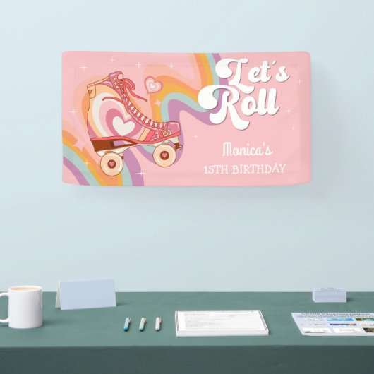 Laten we rollen retro roller schaats verjaardagsfe spandoek (Beurs)