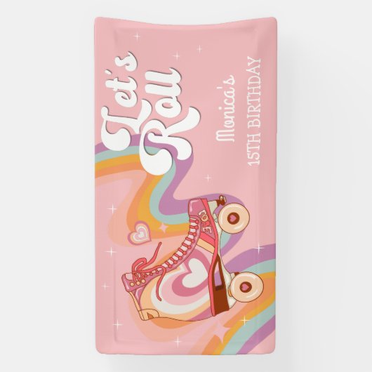 Laten we rollen retro roller schaats verjaardagsfe spandoek (Verticaal)