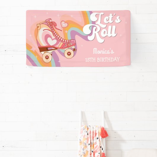 Laten we rollen retro roller schaats verjaardagsfe spandoek (Insitu)