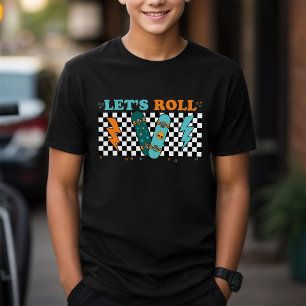 Laten we rollen Retro Skateboard geruit jongen Tri-Blend Shirt