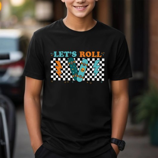 Laten we rollen | Retro Skateboard geruit jongen Tri-Blend Shirt