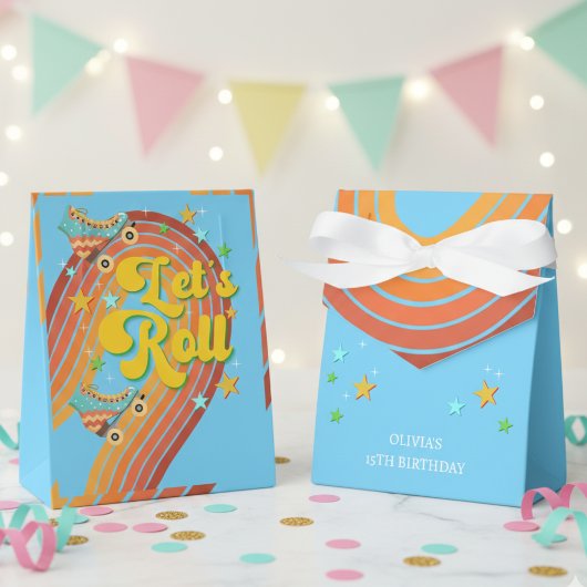 Laten we roller schaats retro regenboog bedankdoosjes