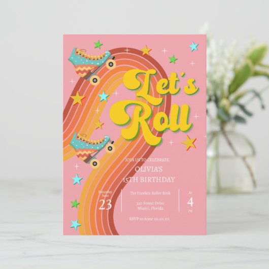 Laten we roller schaats retro regenboog kaart (Staand voorkant)