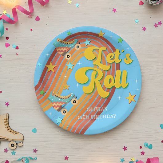 Laten we roller schaats retro regenboog papieren bordje