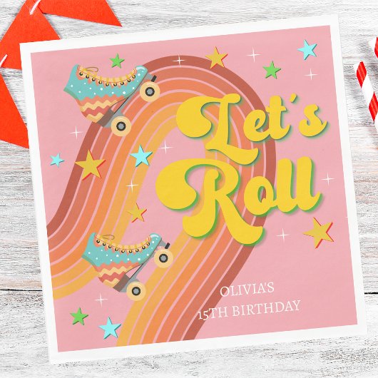 Laten we roller schaats retro regenboog servet