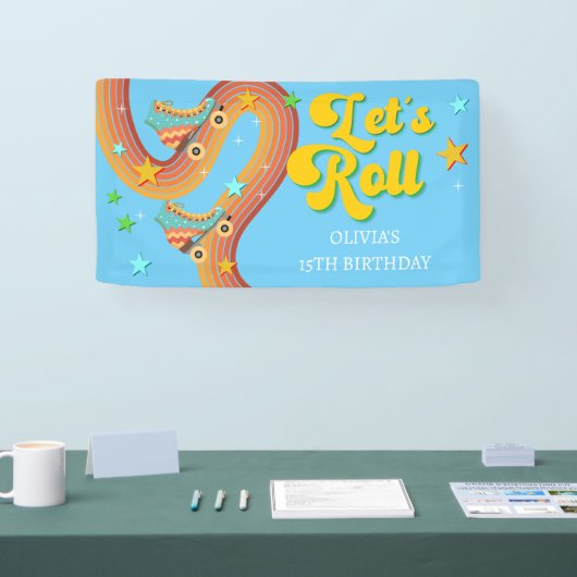 Laten we roller schaats retro regenboog spandoek (Beurs)