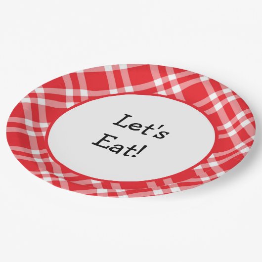 Laten we rood en wit plaid eten papieren bordje (Gekanteld)