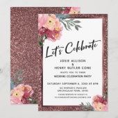 Laten we Roos Glitter Floral Reception vieren Kaart (Voorkant / Achterkant)
