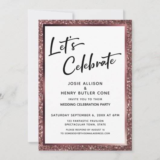 Laten we Roos Gold Glitter Reception-Only vieren Kaart (Voorkant)