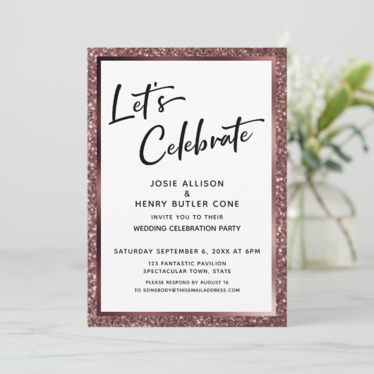 Laten we Roos Gold Glitter Reception-Only vieren Kaart (Staand voorkant)