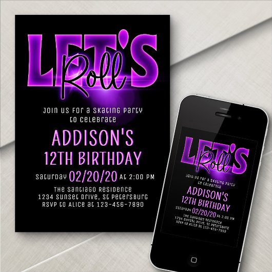 Laten we Roze Neon Schaatsen Verjaardag uitnodigin Kaart